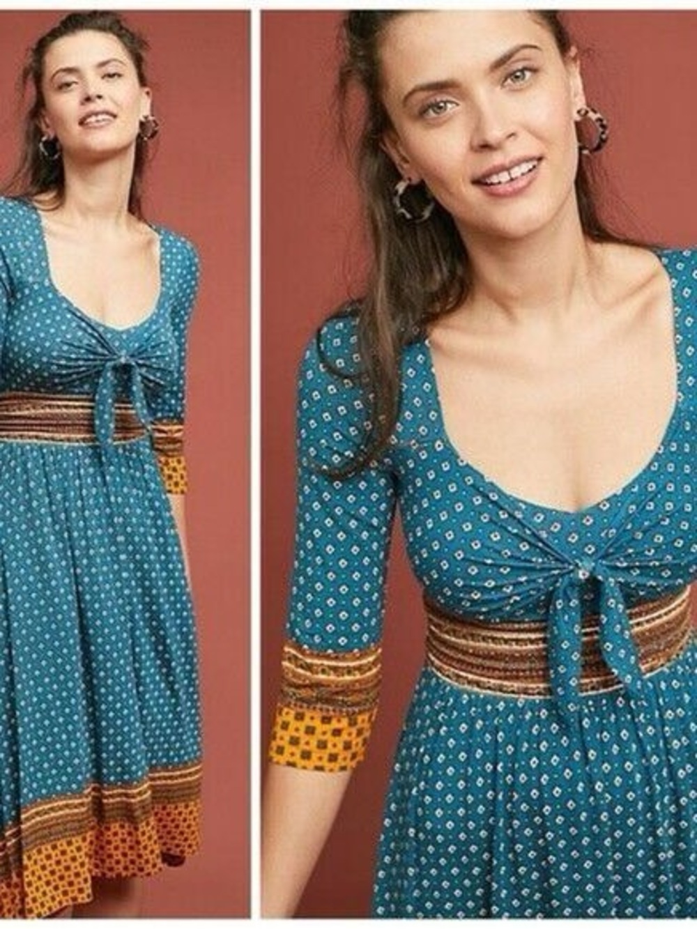 Anthropologie Maeve Blue Beloved Tie Front 3/4 Sleeve Midi Dress Women's XS NWT